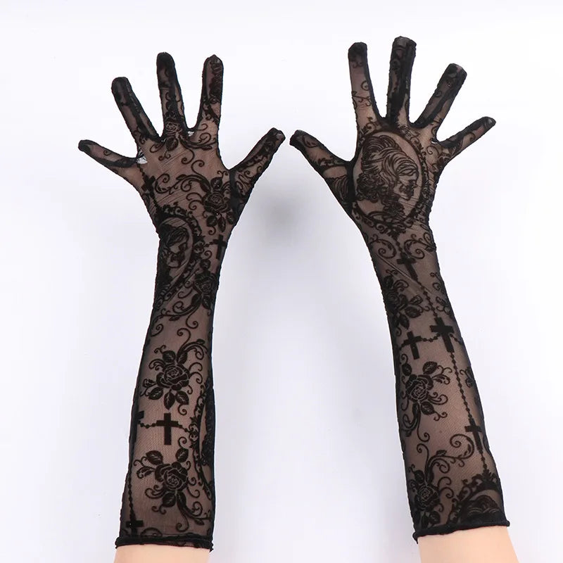 Luvas de Renda Preta com Motivo Floral