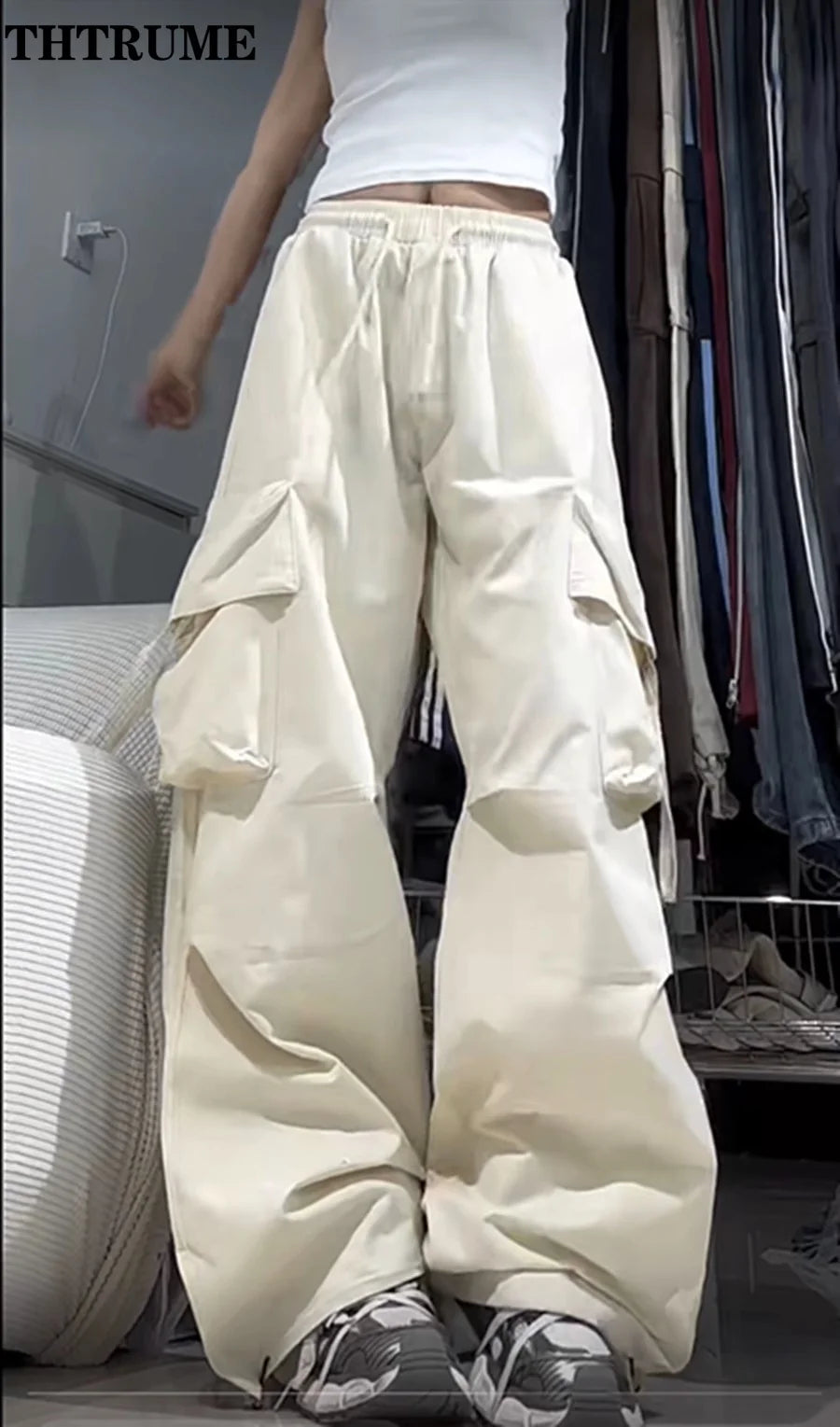 Baggy Cargo — Calças de Cintura Alta com Cordão