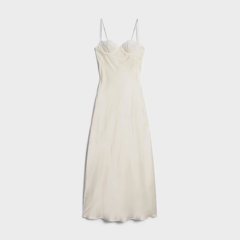 Vestido Acetinado de Alças com Renda