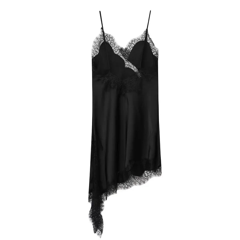 Vestido Curto Acetinado com Renda e Bainha Assimétrica