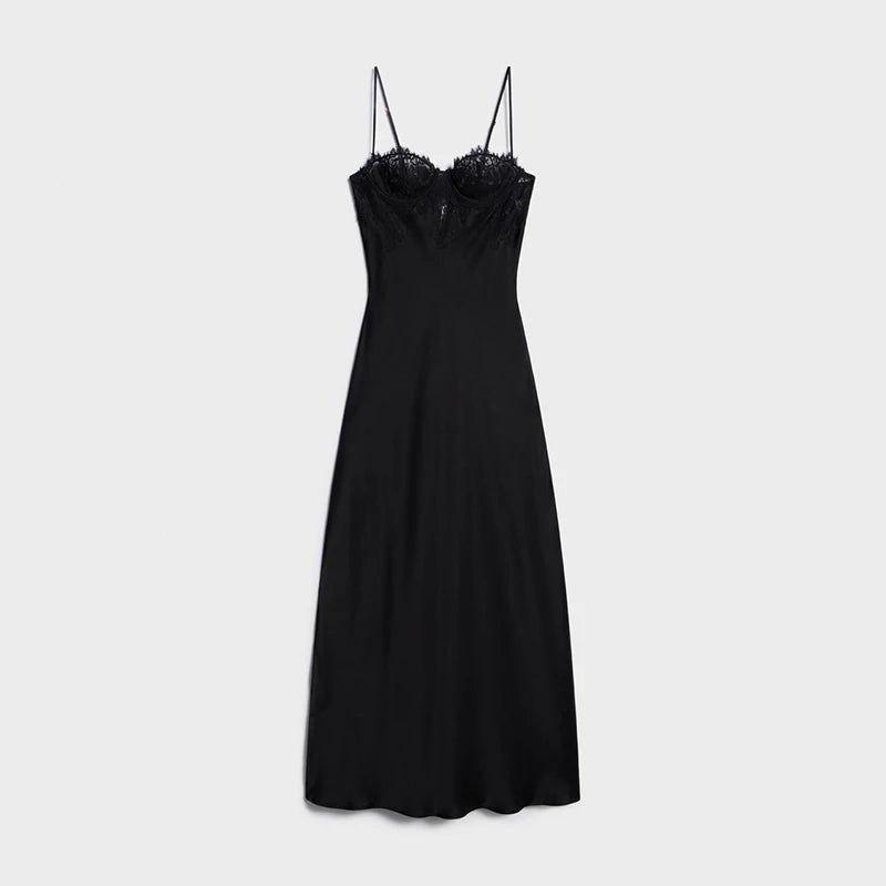 Vestido Acetinado de Alças com Renda