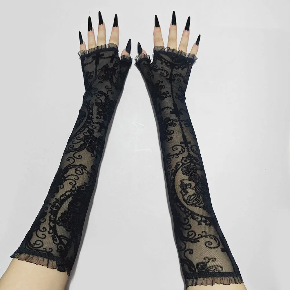 Luvas de Renda Preta com Motivo Floral