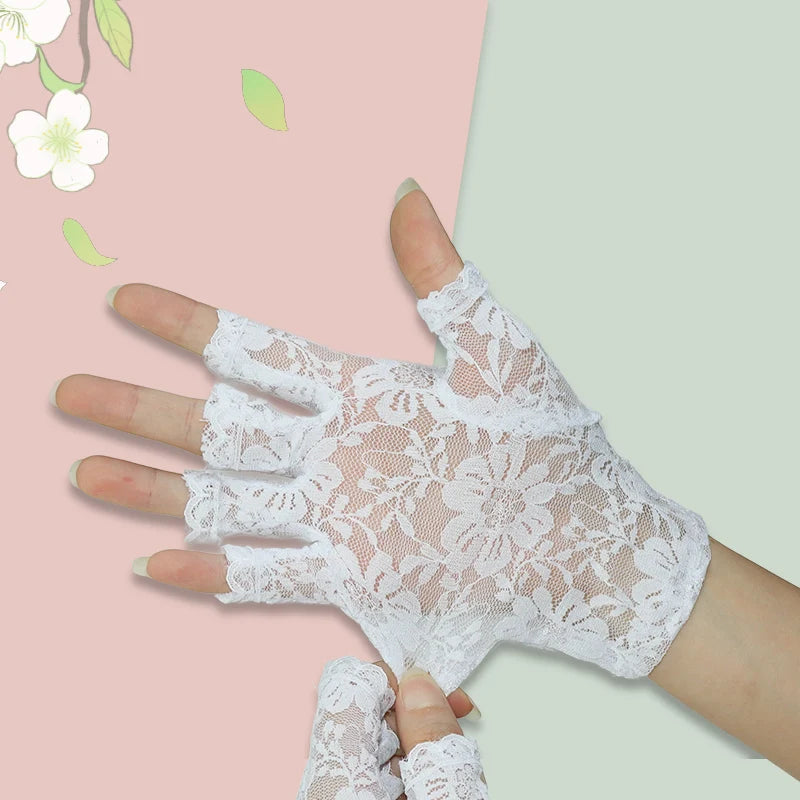 Luvas Curtas de Renda Floral sem Dedos