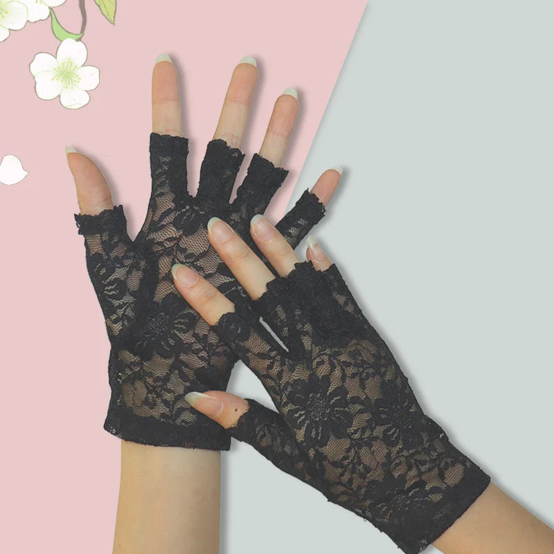 Luvas Curtas de Renda Floral sem Dedos