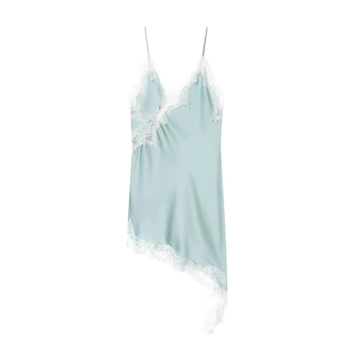 Vestido Curto Acetinado com Renda e Bainha Assimétrica