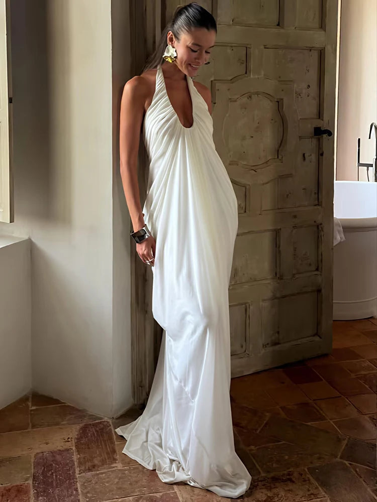 Vestido Longo Halter com Decote Drapeado