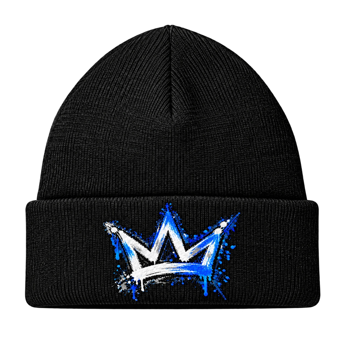 Gorro preto com dobra e coroa graffiti em azul e branco