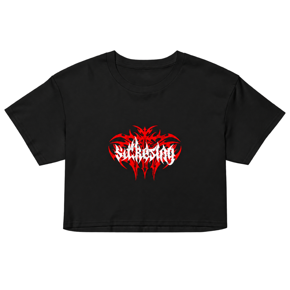 Vista frontal — Red Tribal — T-shirt Cropped Preta BluNook