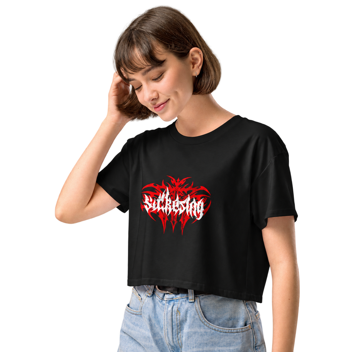Vista lateral esquerda — Red Tribal — T-shirt Cropped Preta BluNook