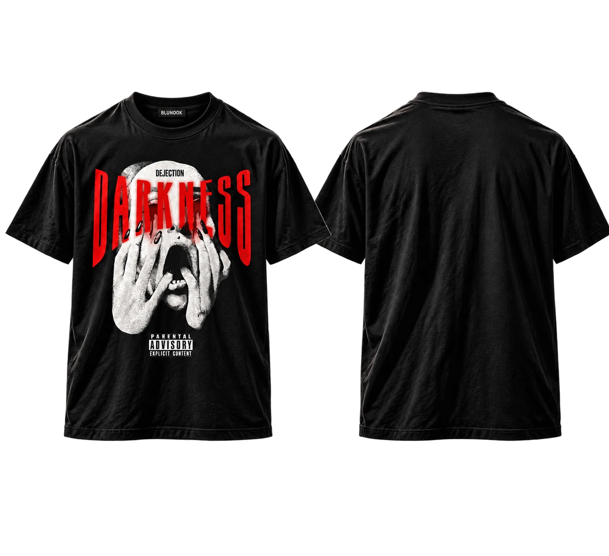 Frente e costas da T-shirt preta com grafismo Darkness em vermelho e branco