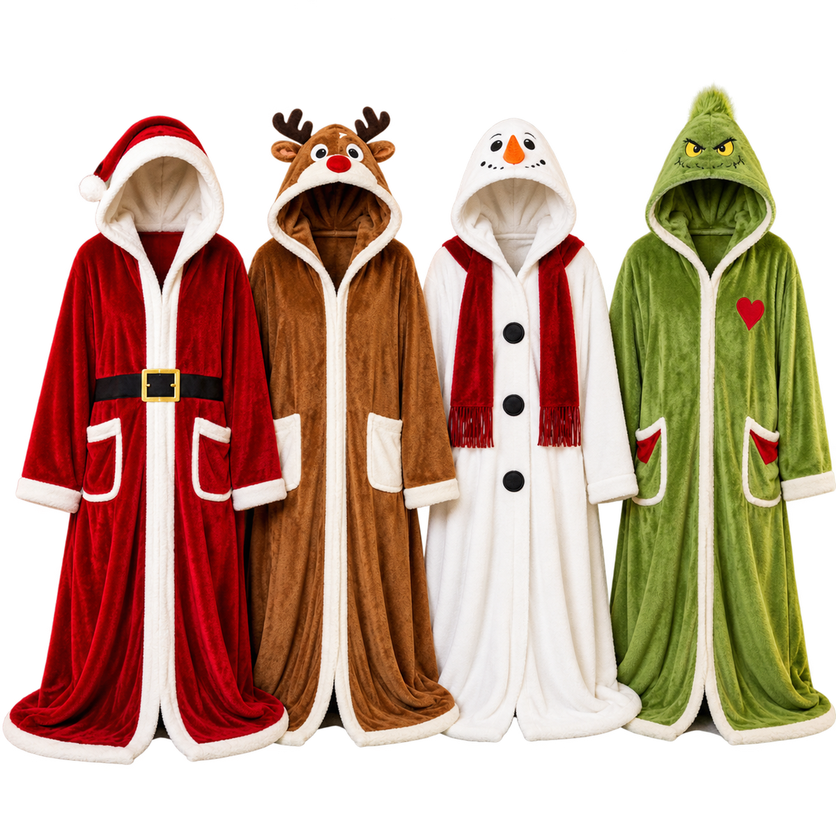 Roupão de Natal com Capuz — Grinch, Pai Natal, Rena e Boneco de Neve