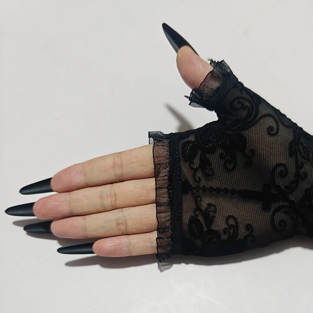 Luvas de Renda Preta com Motivo Floral