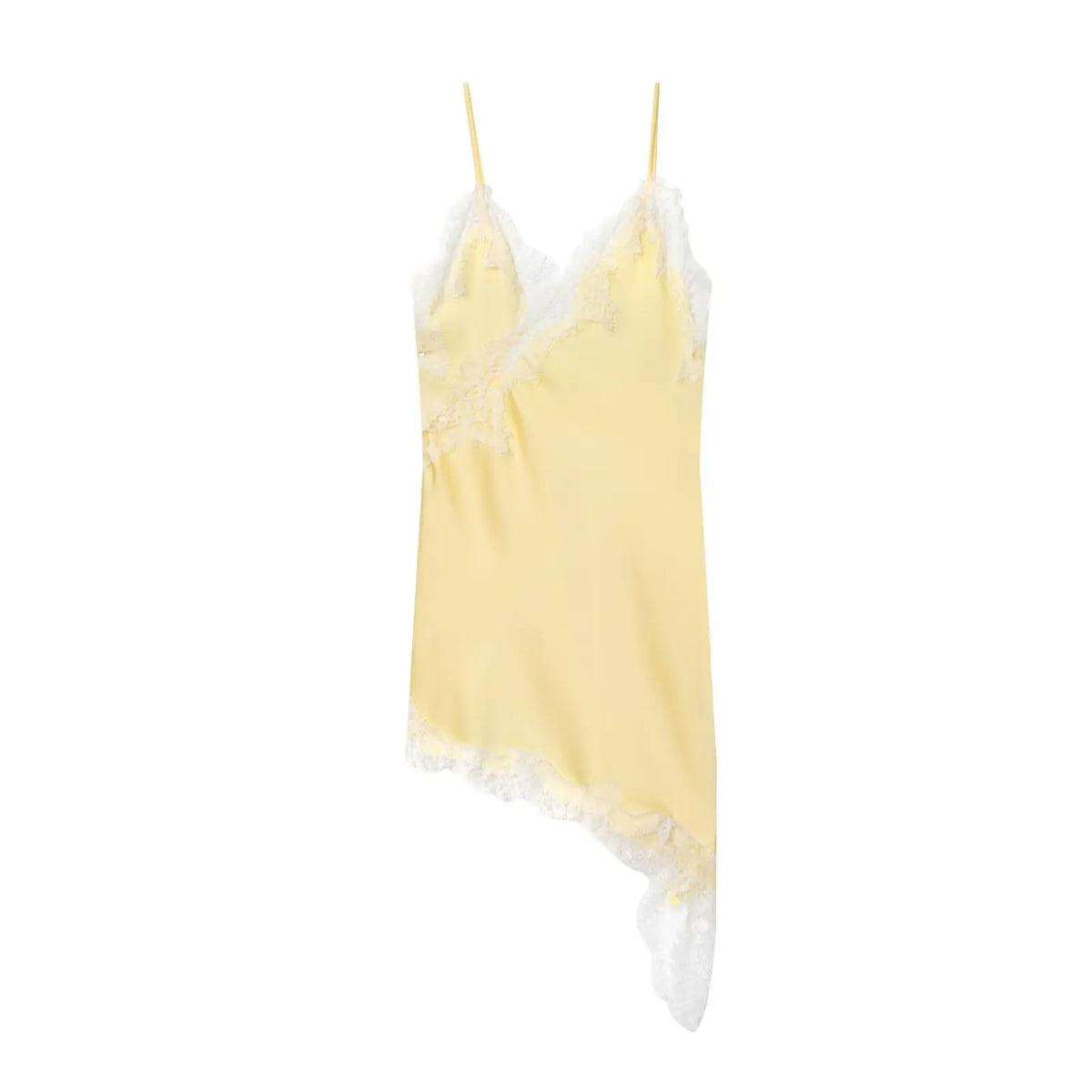 Vestido Curto Acetinado com Renda e Bainha Assimétrica