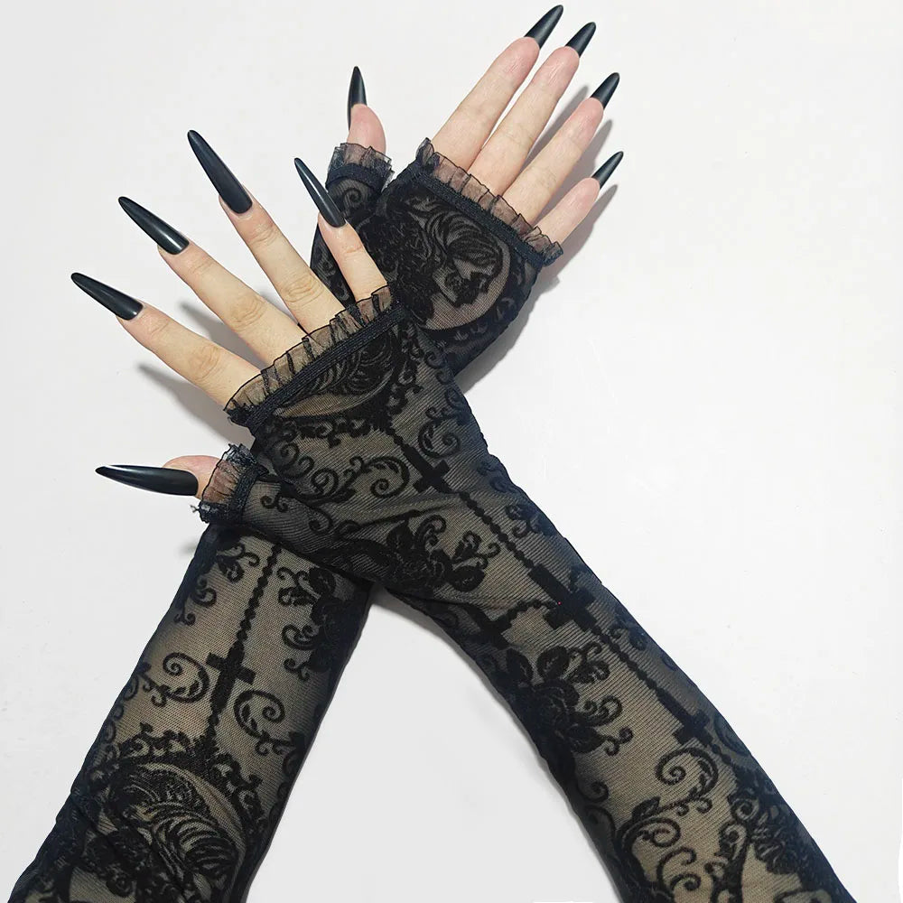 Luvas de Renda Preta com Motivo Floral