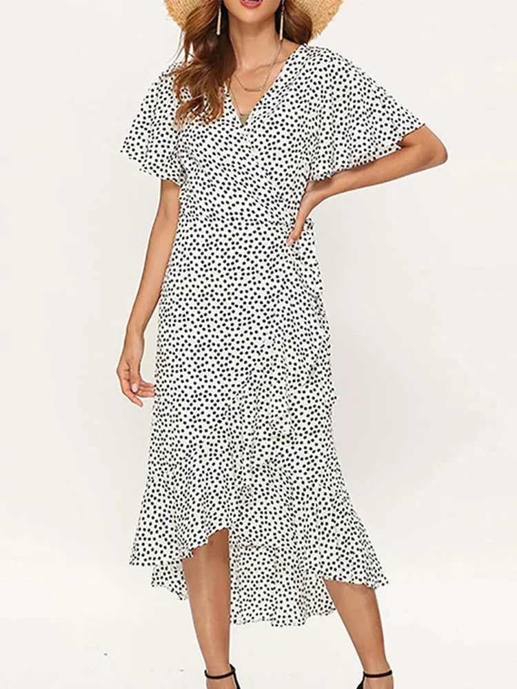 Vestido Longo Floral com Folhos e Decote em V