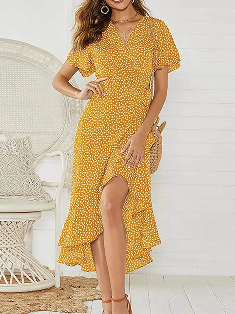 Vestido Longo Floral com Folhos e Decote em V