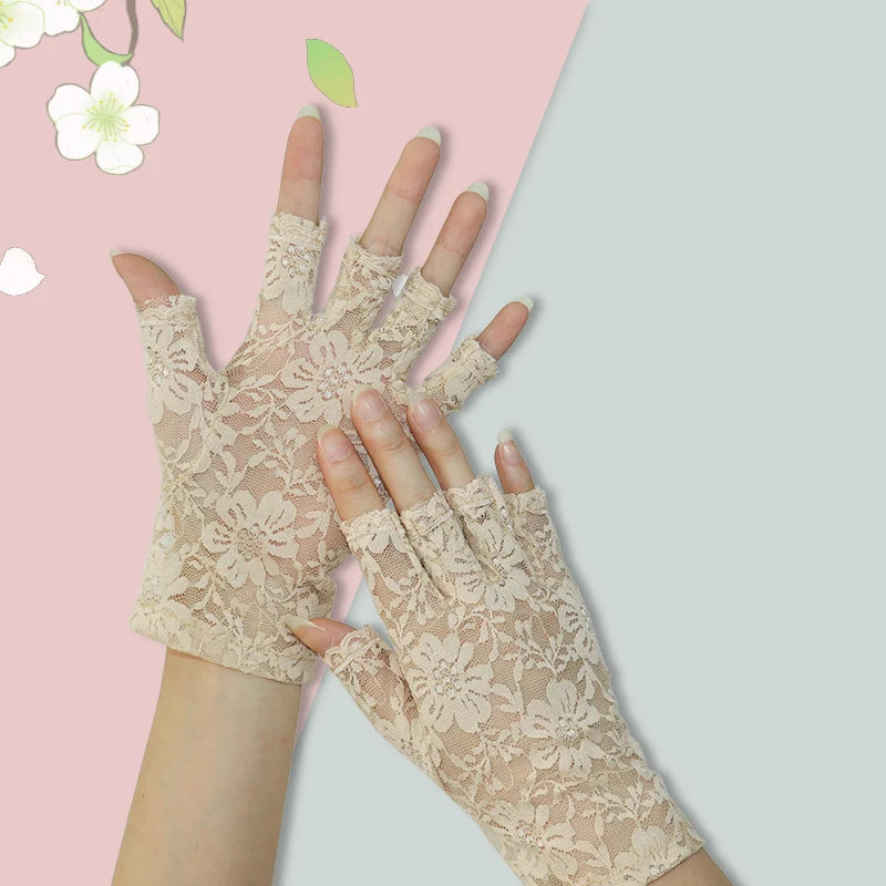 Luvas Curtas de Renda Floral sem Dedos