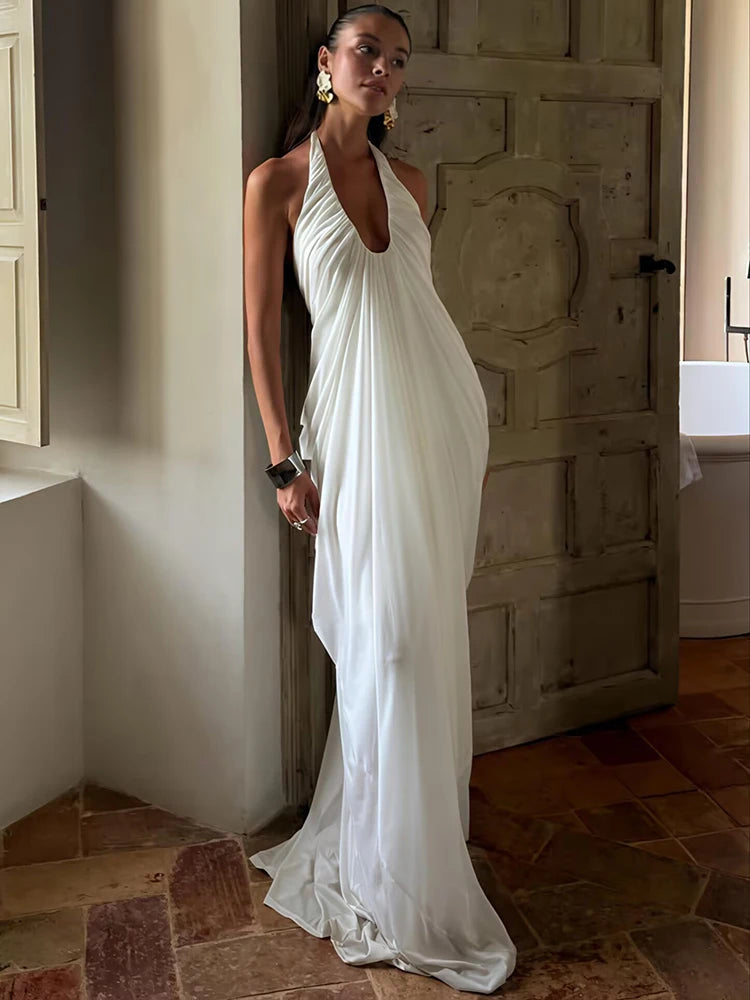Vestido Longo Halter com Decote Drapeado