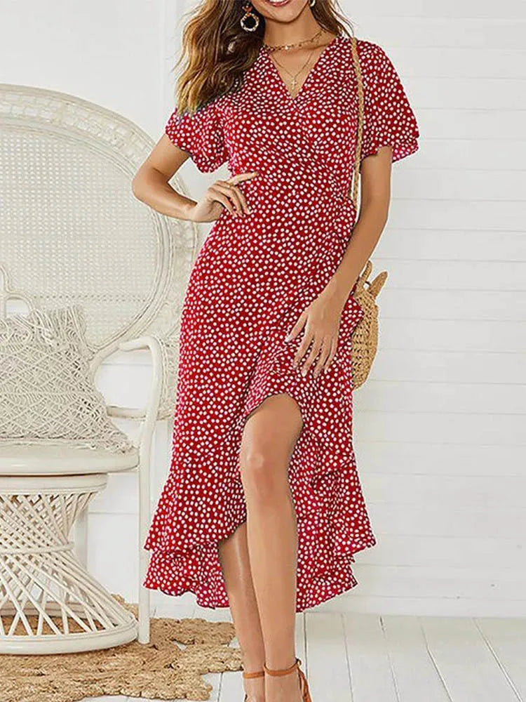 Vestido Longo Floral com Folhos e Decote em V