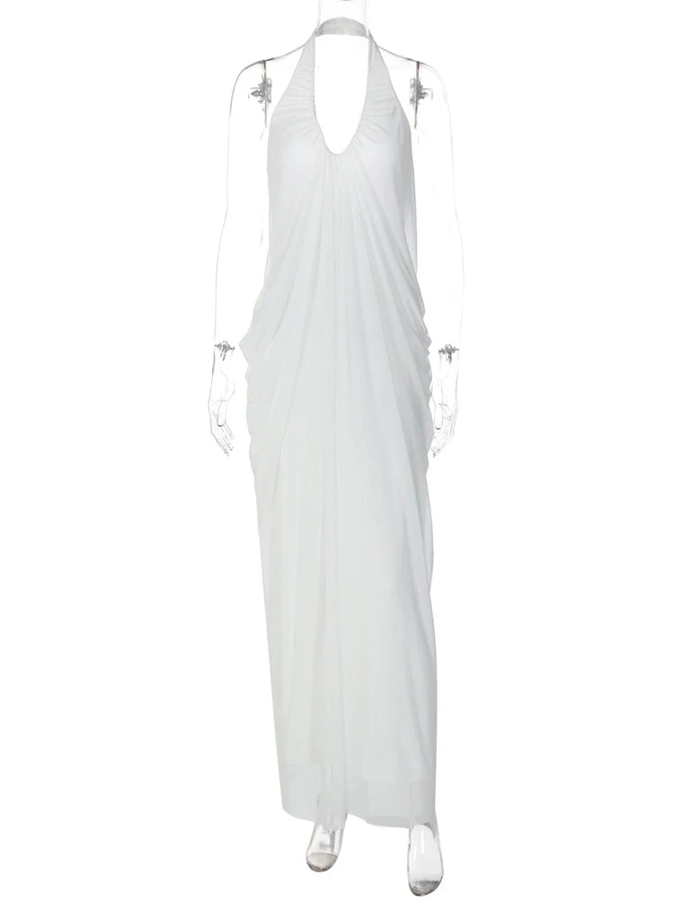 Vestido Longo Halter com Decote Drapeado