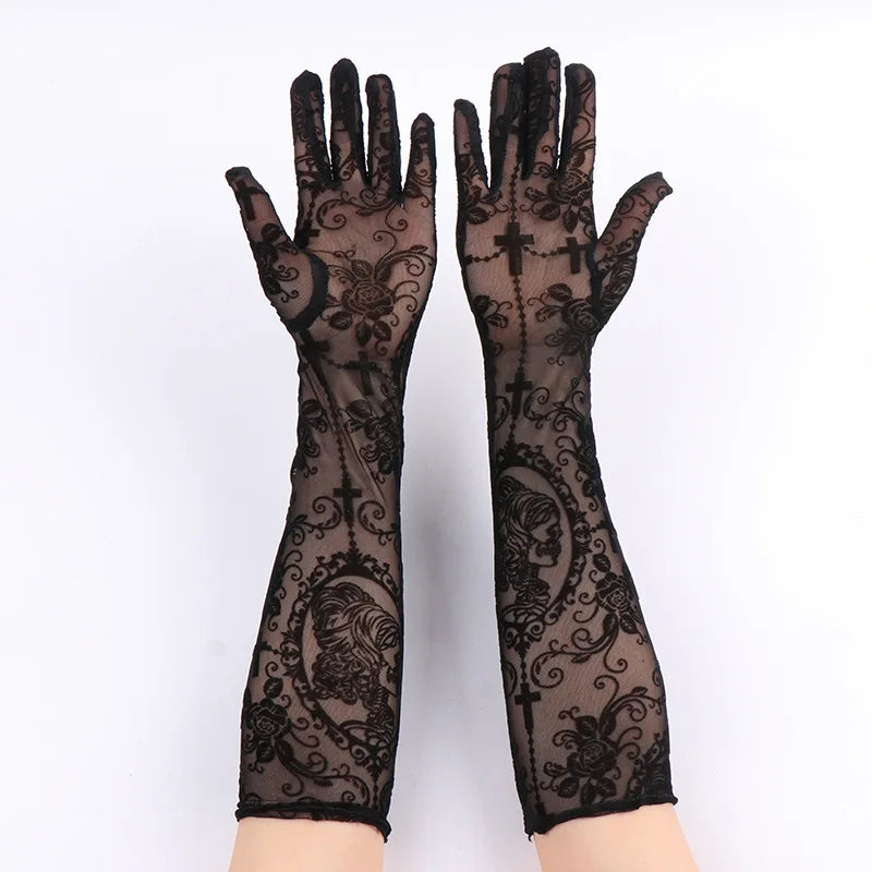 Luvas de Renda Preta com Motivo Floral