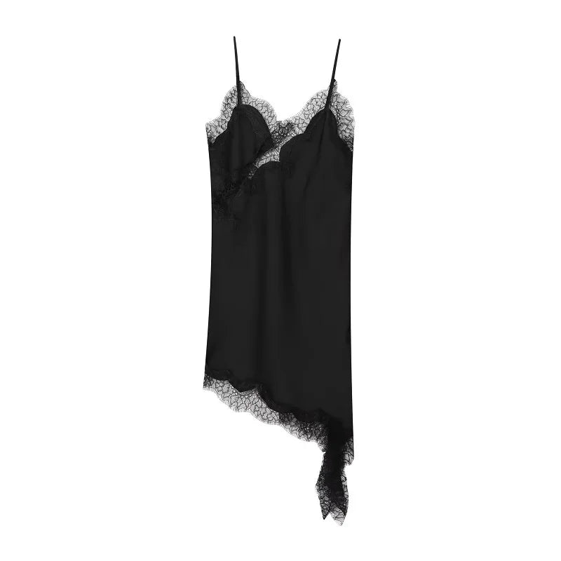 Vestido Curto Acetinado com Renda e Bainha Assimétrica