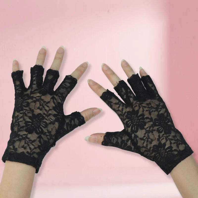 Luvas Curtas de Renda Floral sem Dedos