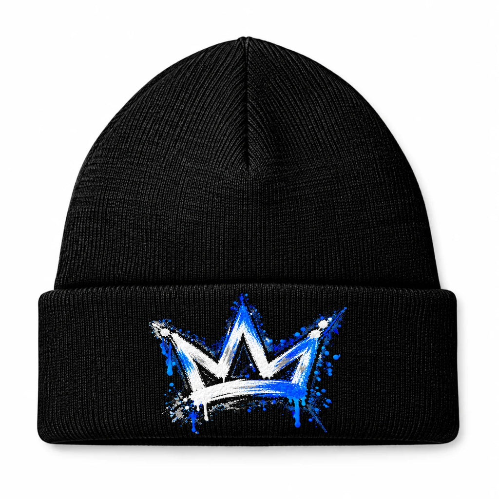 Gorro preto com dobra e coroa graffiti em azul e branco