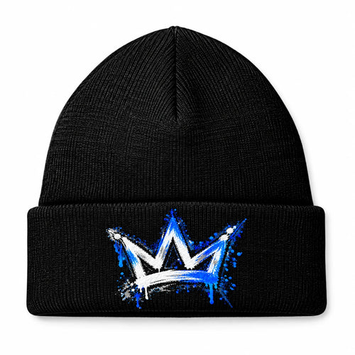 Gorro preto com dobra e coroa graffiti em azul e branco