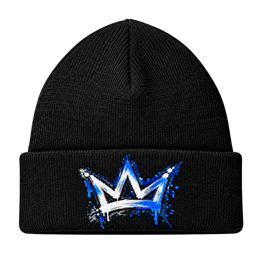 Gorro preto com dobra e coroa graffiti em azul e branco