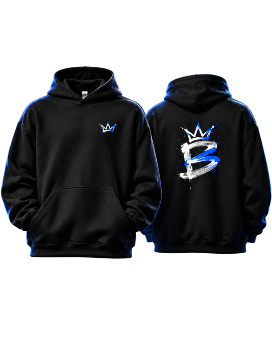 Apresentação da frente e das costas do hoodie preto com B e coroa azuis e brancos