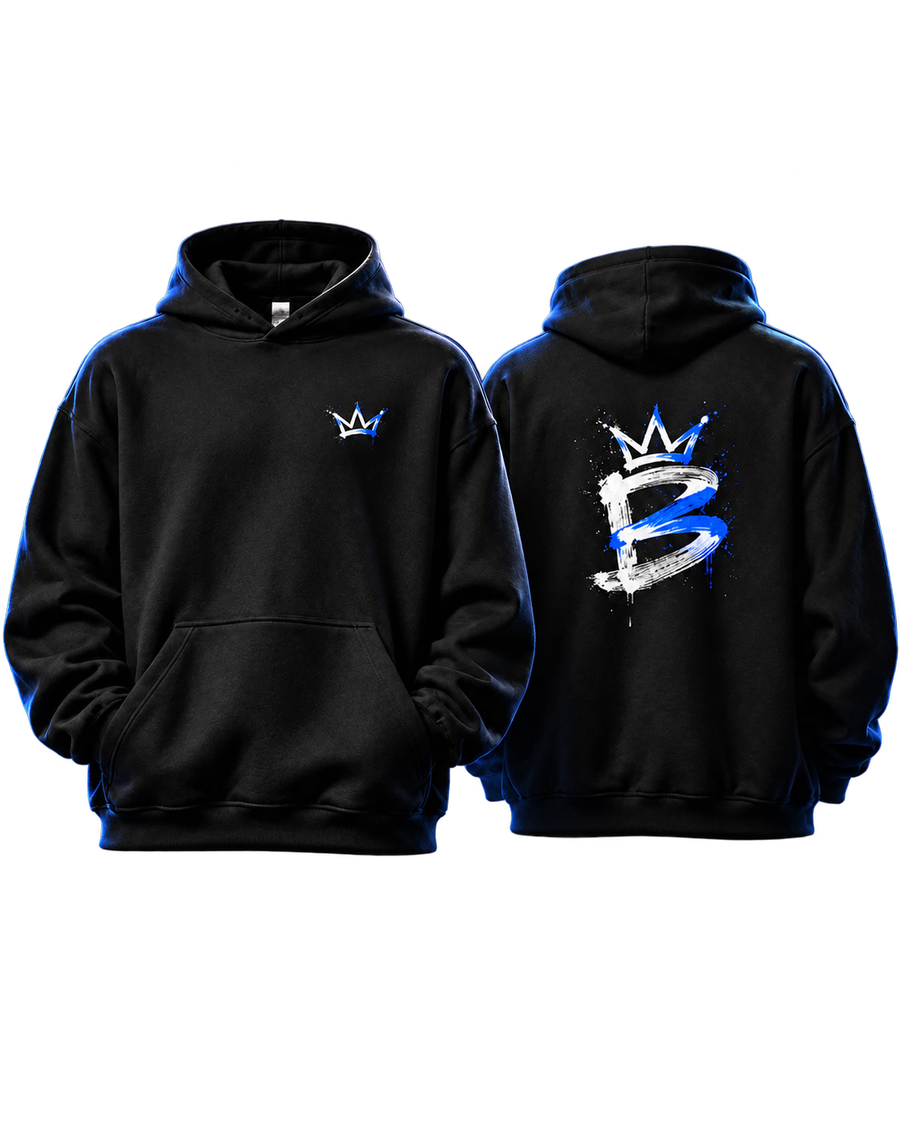 Apresentação da frente e das costas do hoodie preto com B e coroa azuis e brancos