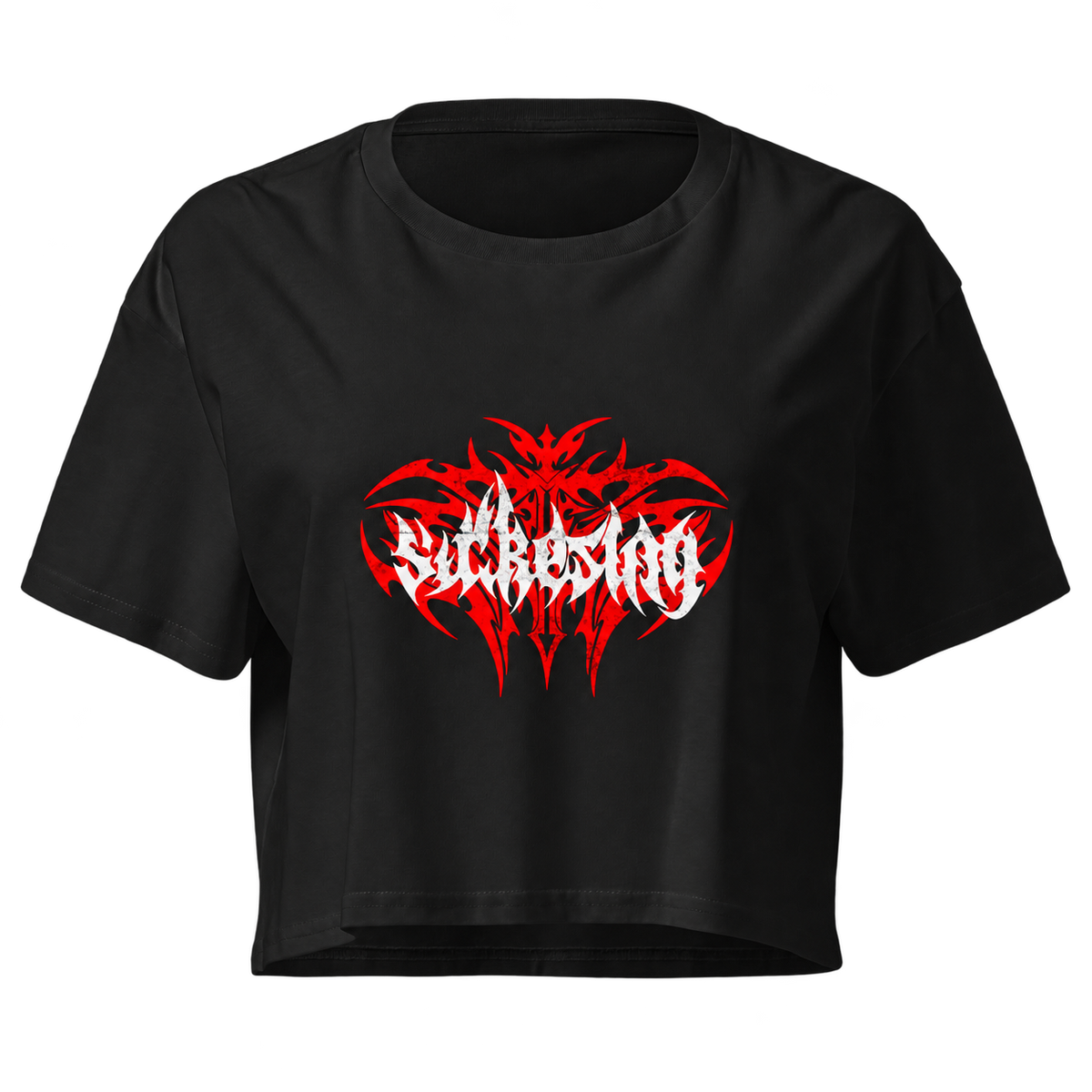 Vista frontal — Red Tribal — T-shirt Cropped Preta BluNook