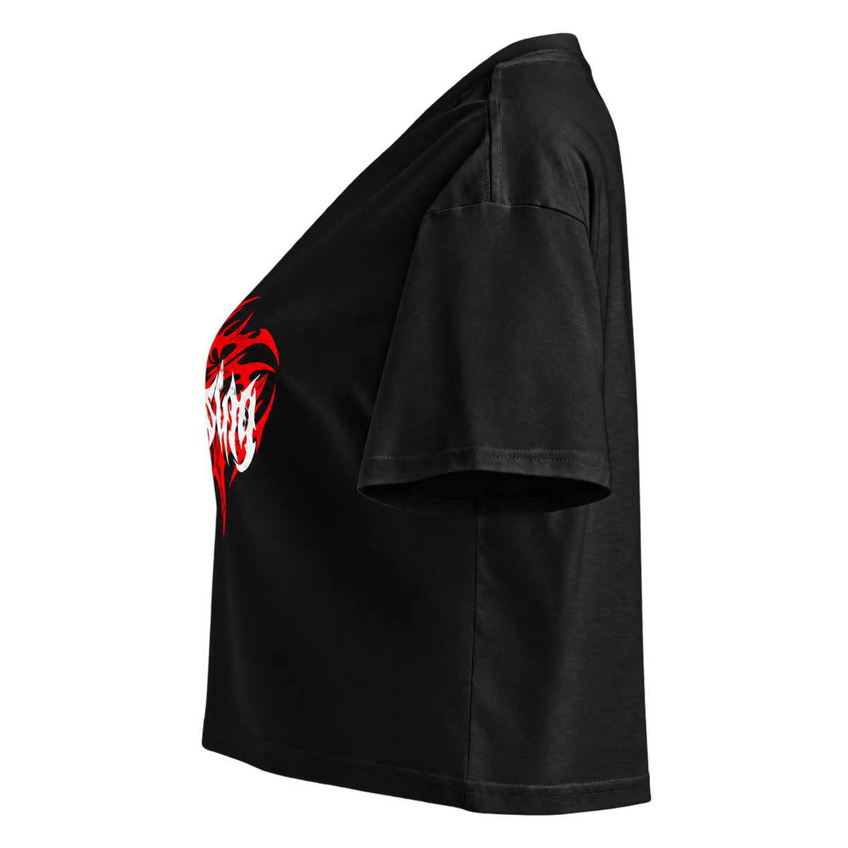 Vista lateral esquerda — Red Tribal — T-shirt Cropped Preta BluNook