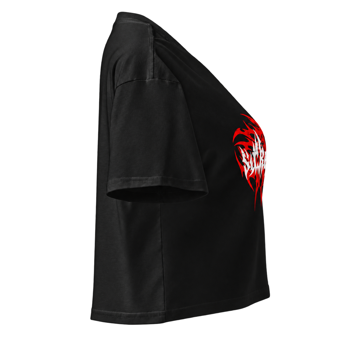 Vista lateral direita — Red Tribal — T-shirt Cropped Preta BluNook