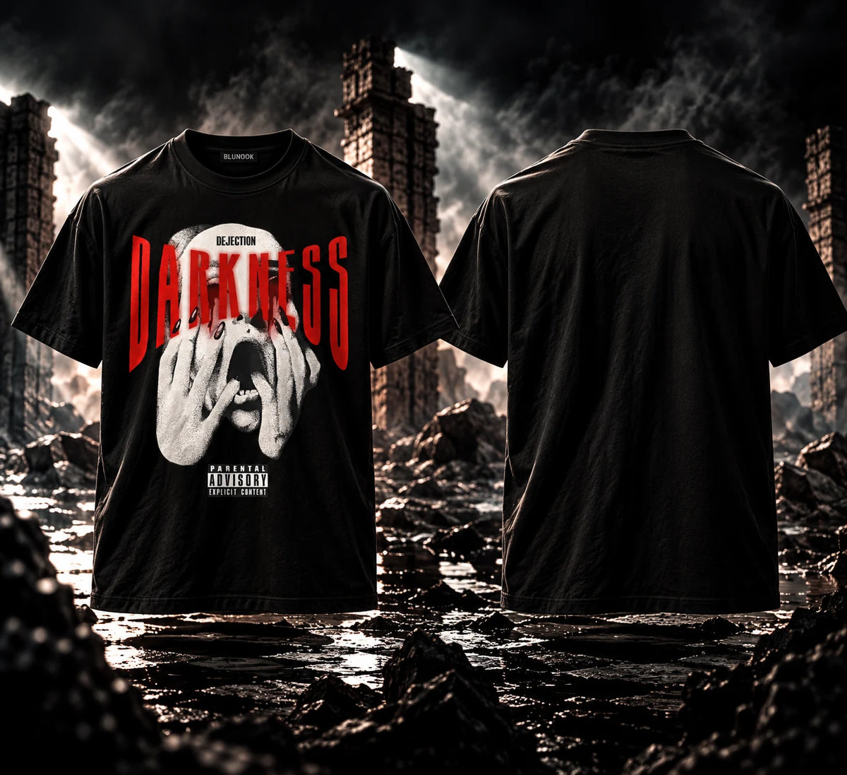 Frente e costas da T-shirt preta com grafismo Darkness em vermelho e branco