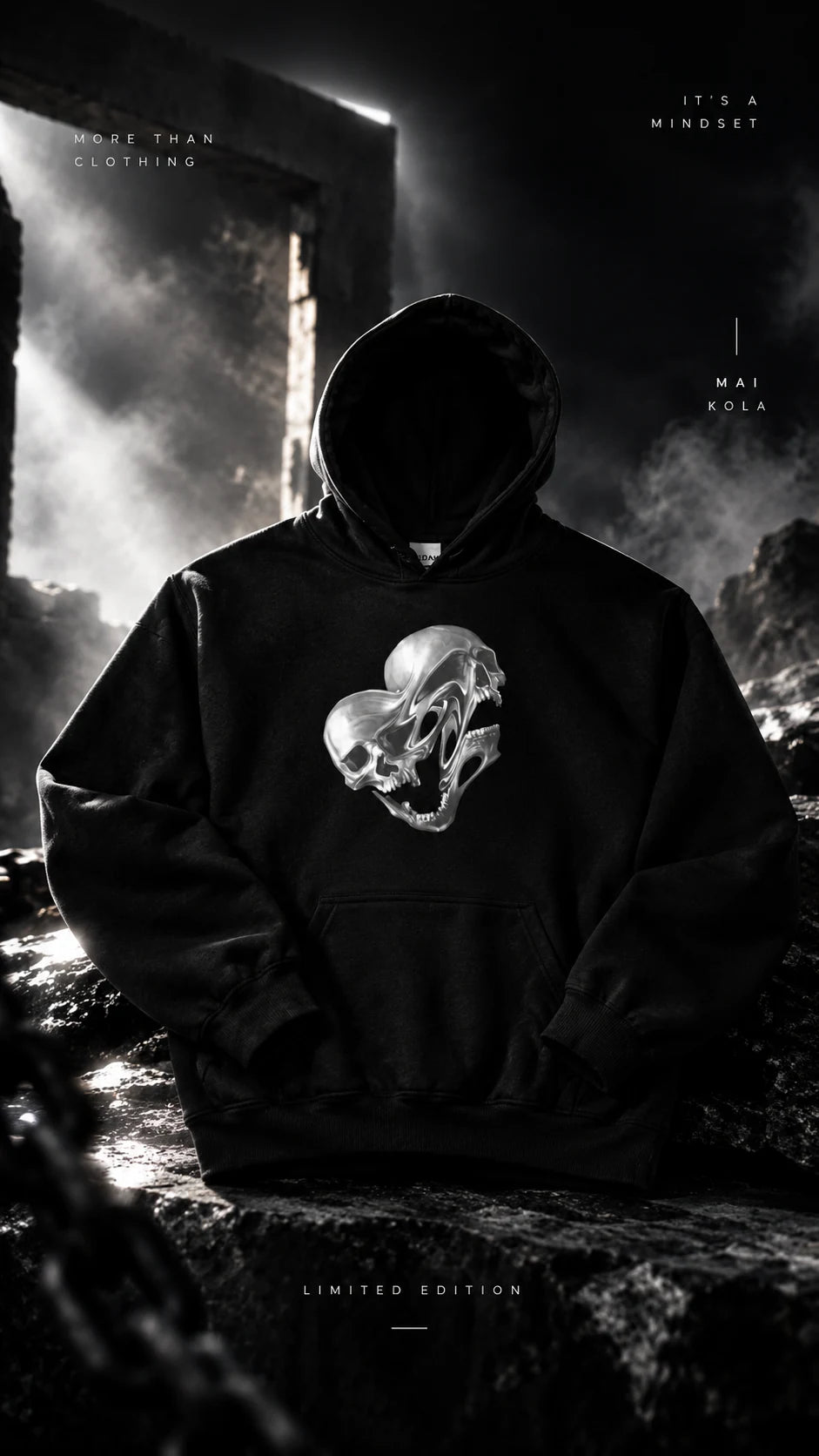 Hoodie preto com grafismo de caveiras num cenário de ruínas